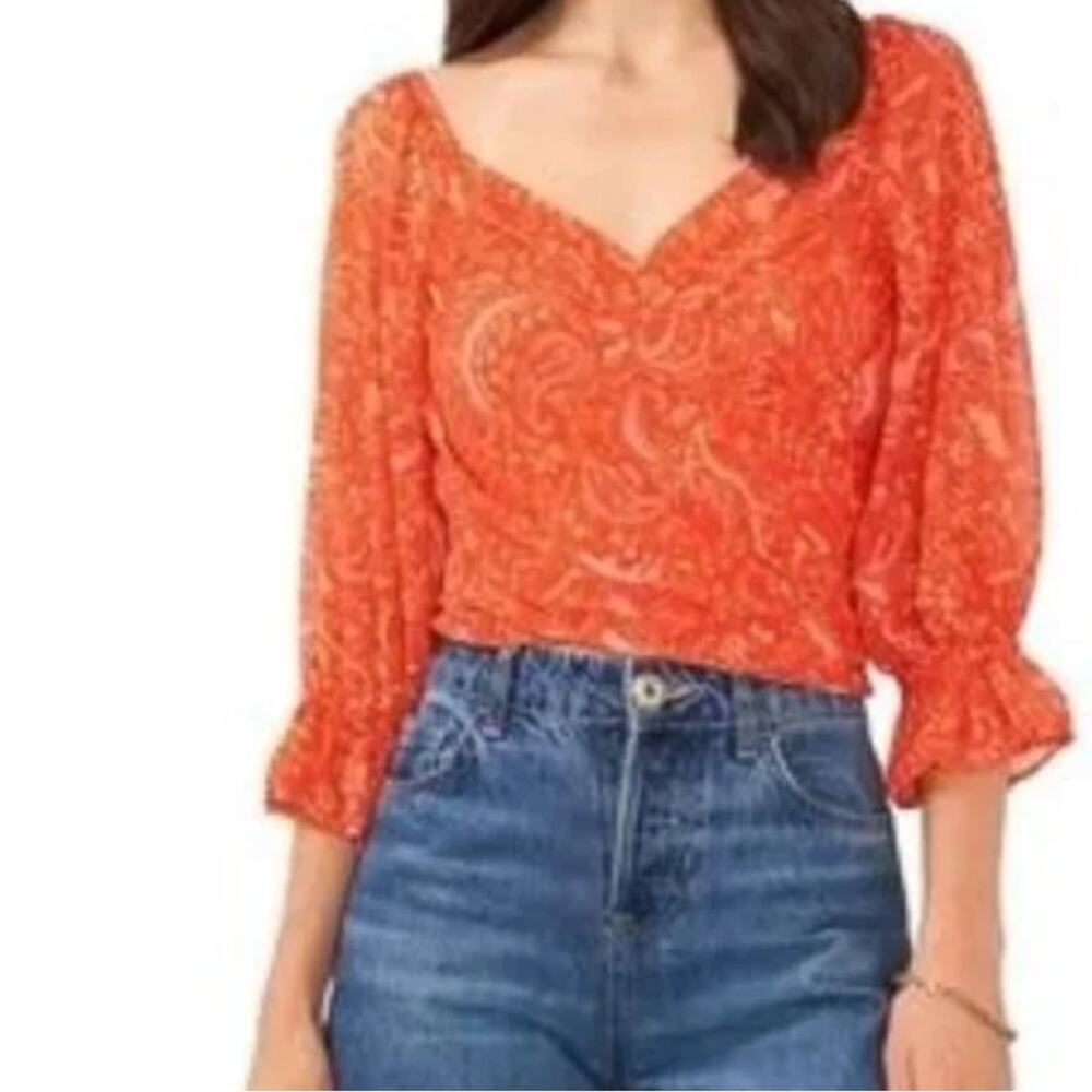 NWT 1. State Summer Eaze Orange Paisley Cropped Smocked Faux Wrap Top